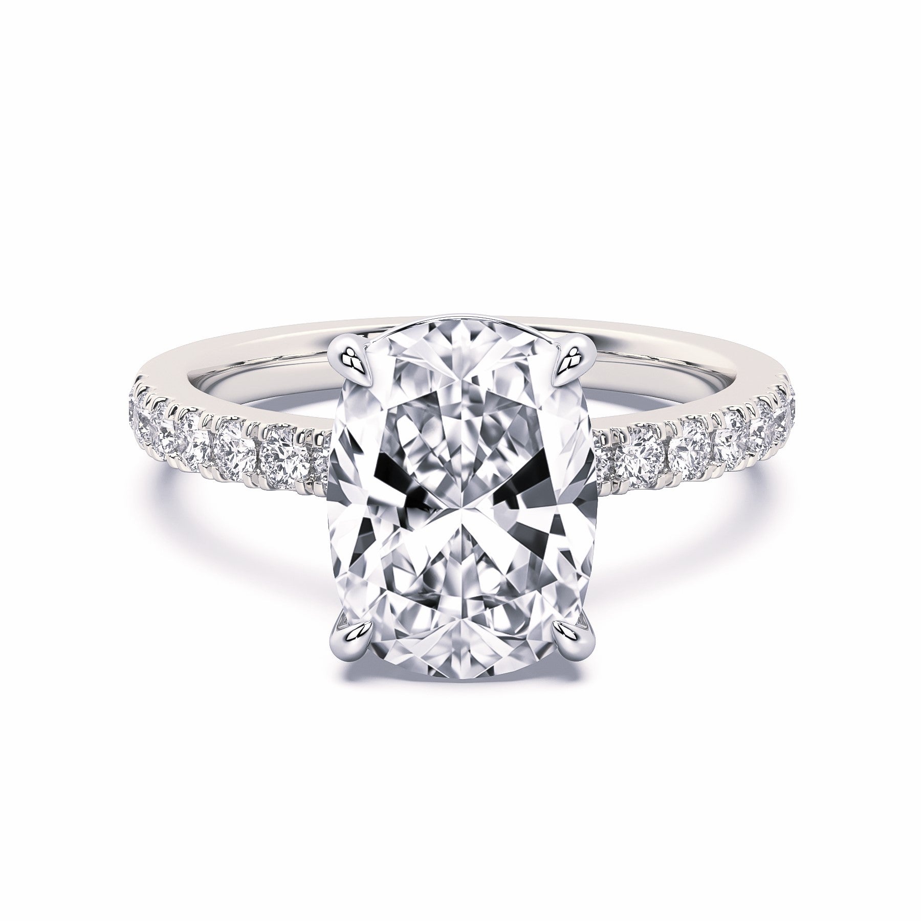 MOHSTEN JEWELLERS, Manilla elonated cushion cut diamond four claw solitaire with diamond band engagement ring , white gold, top view