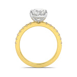 MOHSTEN JEWELLERS, Manilla elongated cushion cut diamond four claw solitaire with diamond band engagement ring , yellow gold,  - through finger view
