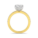 MOHSTEN JEWELLERS, Manilla elongated cushion cut diamond four claw solitaire with diamond band engagement ring , yellow gold,  - through finger view