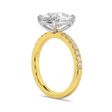 MOHSTEN JEWELLERS, Manilla elongated cushion cut diamond four claw solitaire with diamond band engagement ring , yellow gold,  side angle view