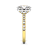 MOHSTEN JEWELLERS, Manilla elongated cushion cut diamond four claw solitaire with diamond band engagement ring , yellow gold,  side view