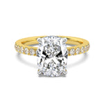 MOHSTEN JEWELLERS, Manilla elongated cushion cut diamond four claw solitaire with diamond band engagement ring , yellow gold, top view