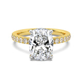 MOHSTEN JEWELLERS, Manilla elongated cushion cut diamond four claw solitaire with diamond band engagement ring , yellow gold, top view