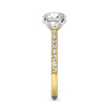 MOHSTEN JEWELLERS, Manilla round brilliant diamond four claw solitaire engagement ring , yellow gold, side view