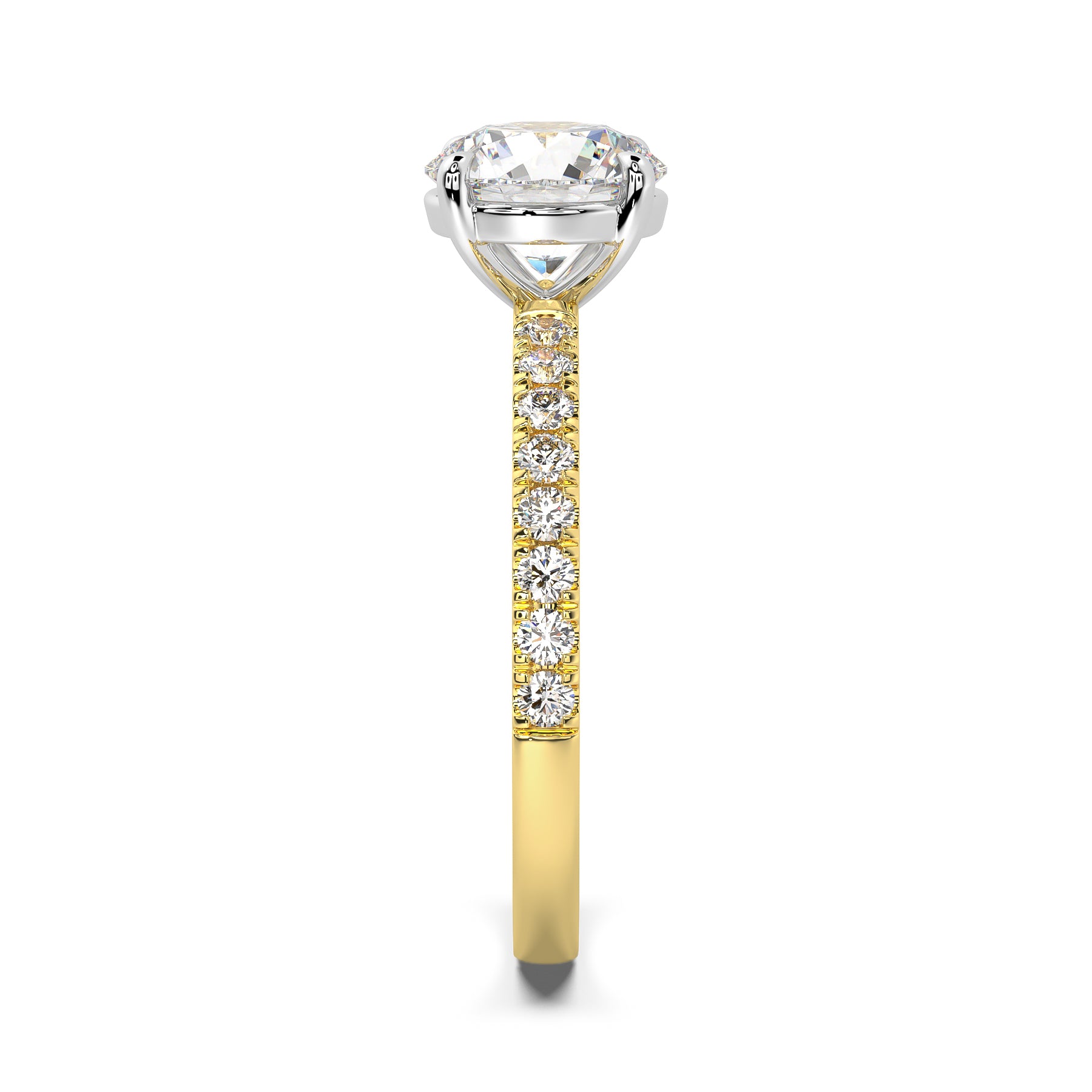 MOHSTEN JEWELLERS, Manilla round brilliant diamond four claw solitaire engagement ring , yellow gold, side view