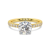 MOHSTEN JEWELLERS, Manilla round brilliant diamond four claw solitaire engagement ring , yellow gold, top view