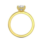 MOHSTEN JEWELLERS, Osaka elongated cushion cut diamond solitaire engagement ring , yellow gold, side view through finger view