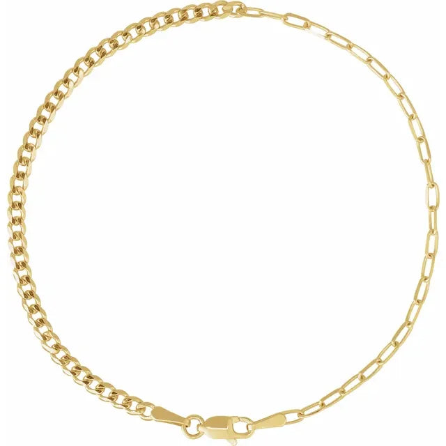 A gold bracelet with a combination of paper link and curb link styles.