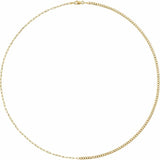 A gold necklace with a combination of paper link and curb chain styles.