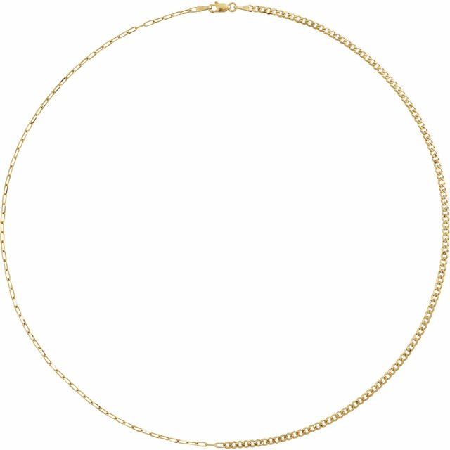 A gold necklace with a combination of paper link and curb chain styles.