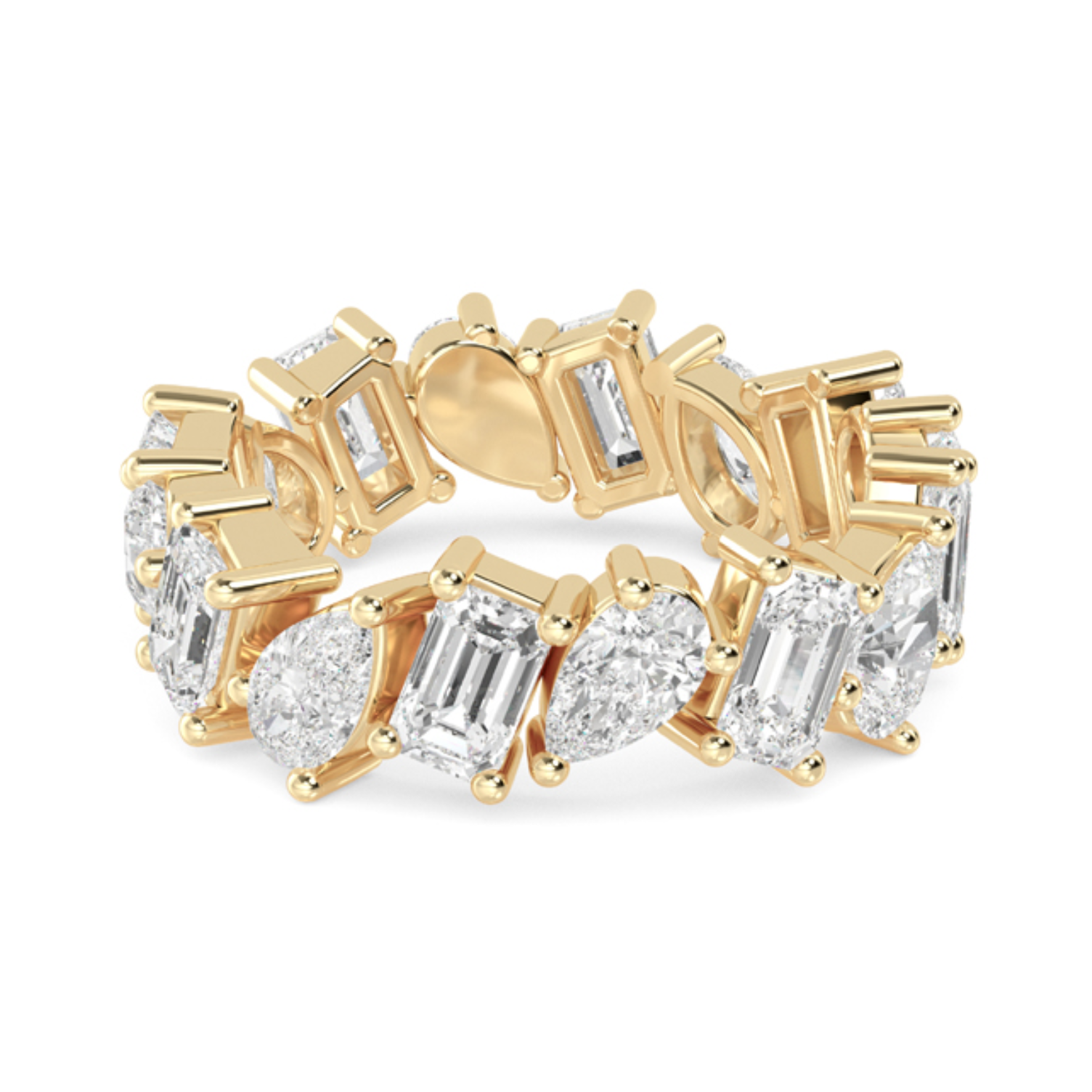 A gold eternity band ring featuring alternating pear and emerald cut lab-grown diamonds.