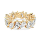 A gold eternity band ring featuring alternating pear and emerald cut lab-grown diamonds.