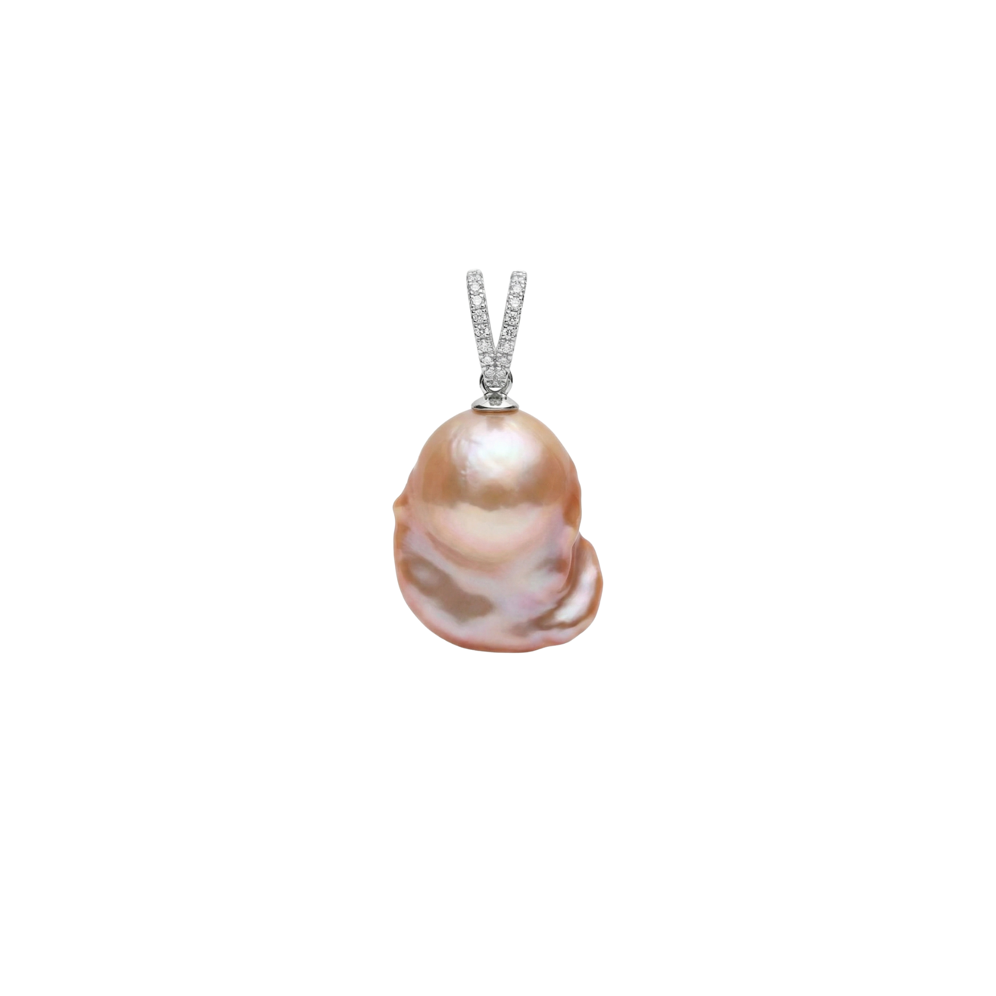 Pearl pendant with diamond accents on a white background