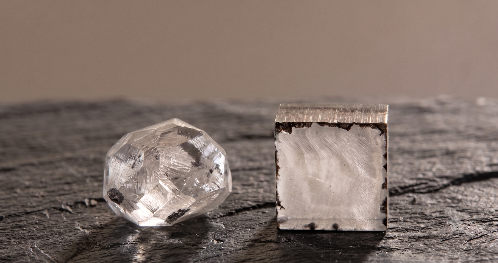 Raw diamond and a cut gemstone on a wooden surface