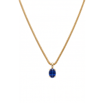 Gold necklace with a blue gemstone pendant on a white background