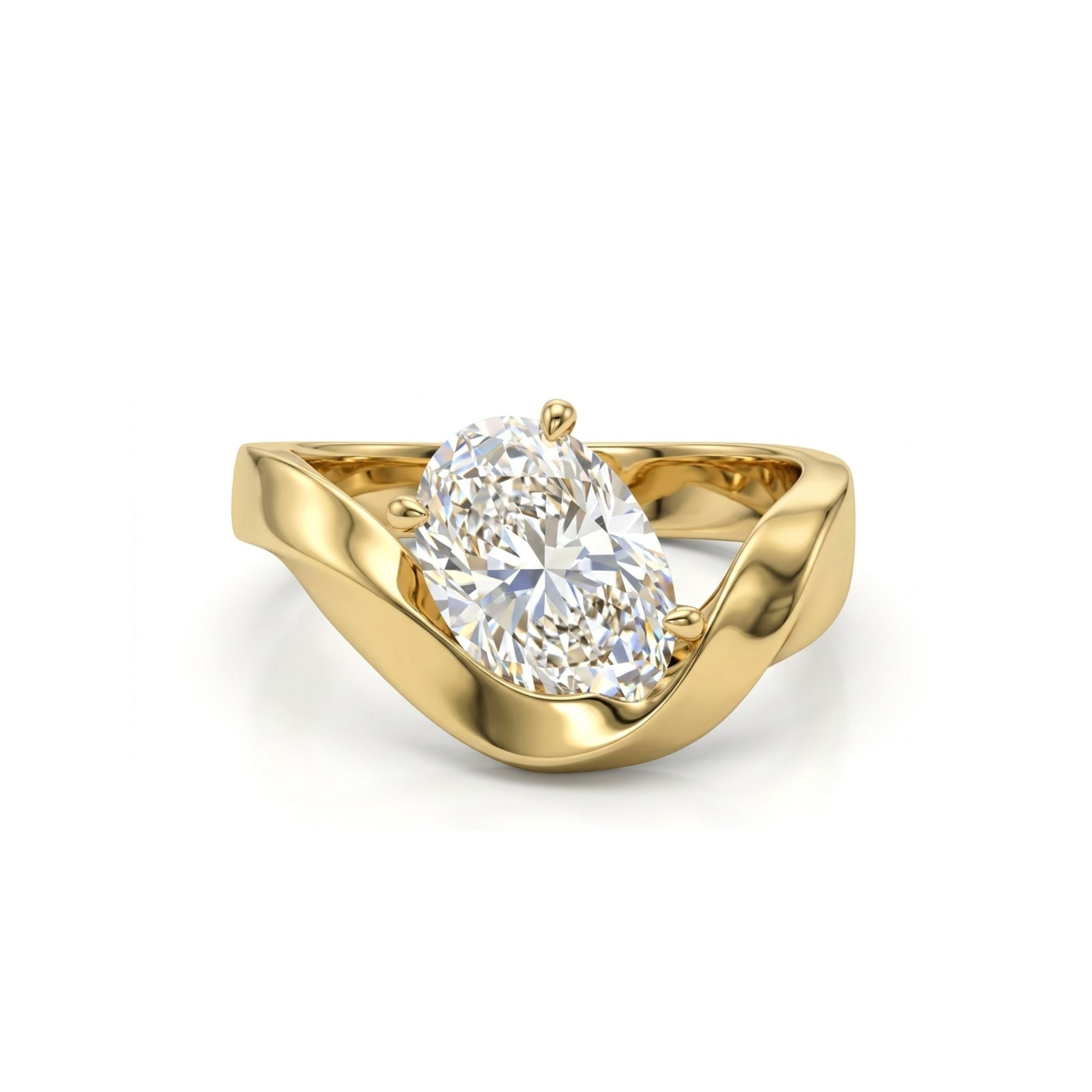 Gold ring with a large diamond on a white background