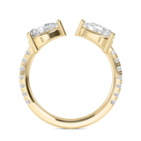 Tasman Open Pear Band with two lab-grown pear cut diamonds and round brilliant accents in 18ct gold, open band design, 1.28ctw total through finger view