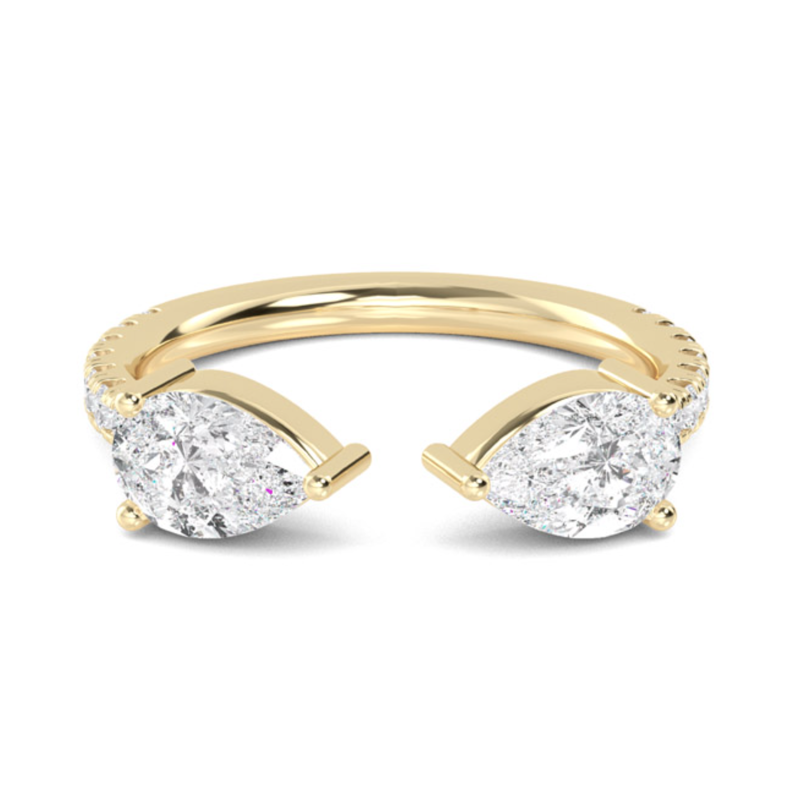 A gold band with two pear cut lab grown diamonds and round brilliant cuts set down the band.