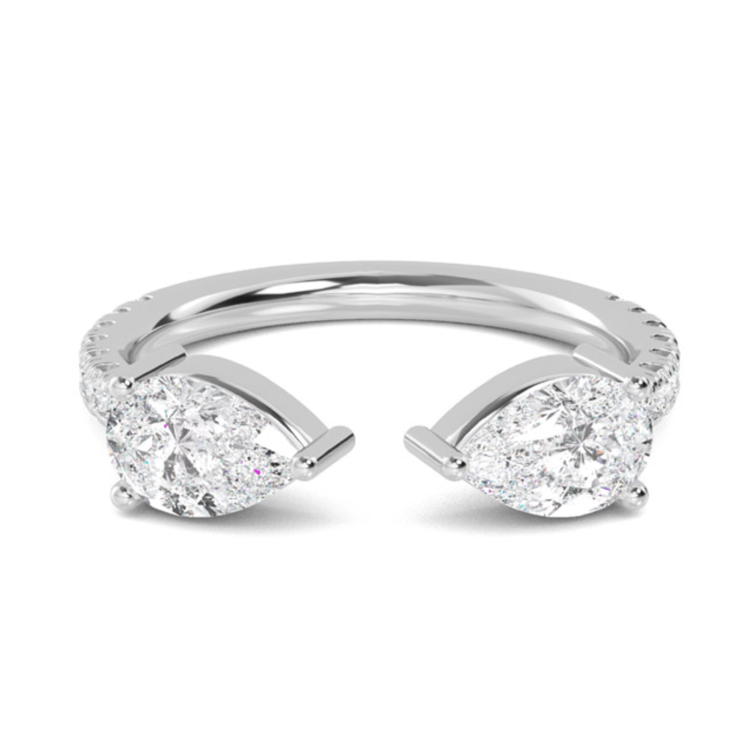 Tasman Open Pear Band with two lab-grown pear cut diamonds and round brilliant accents in 18ct white gold, open band design, 1.28ctw total.