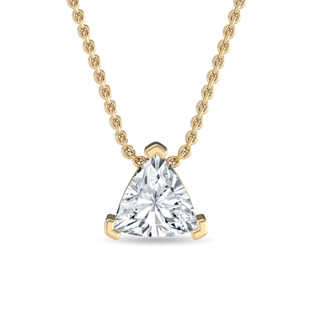 1.00 ct trillion-cut diamond necklace in three-claw setting on 18 ct gold chain against white background