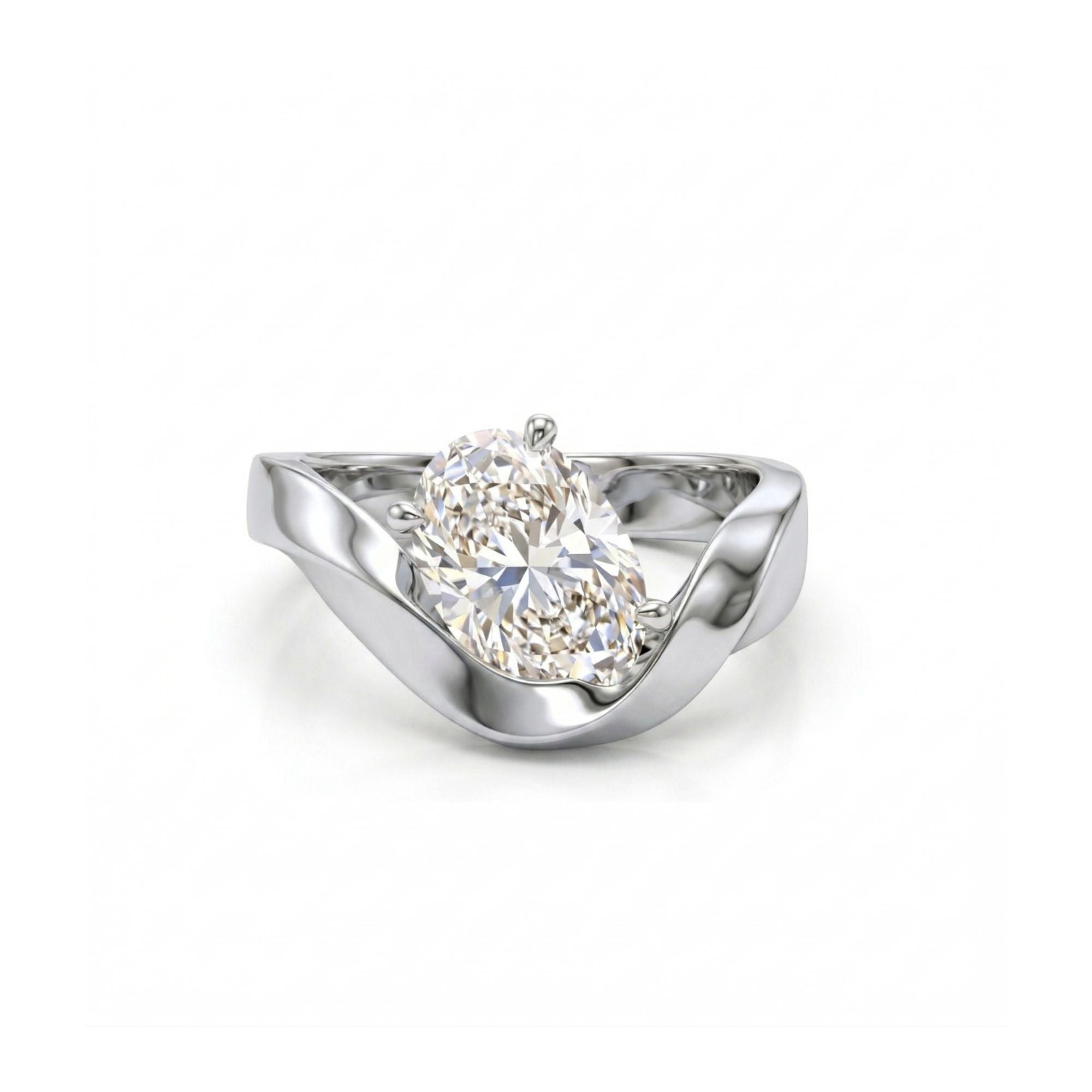 white gold ring with a pear-shaped diamond on a white background