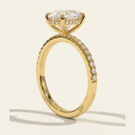 Front view of the MOHSTEN Aspen oval diamond engagement ring in 18ct yellow gold showcasing the elongated oval brilliant centre stone and clean four-claw basket setting