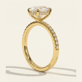 Front view of the MOHSTEN Aspen oval diamond engagement ring in 18ct yellow gold showcasing the elongated oval brilliant centre stone and clean four-claw basket setting