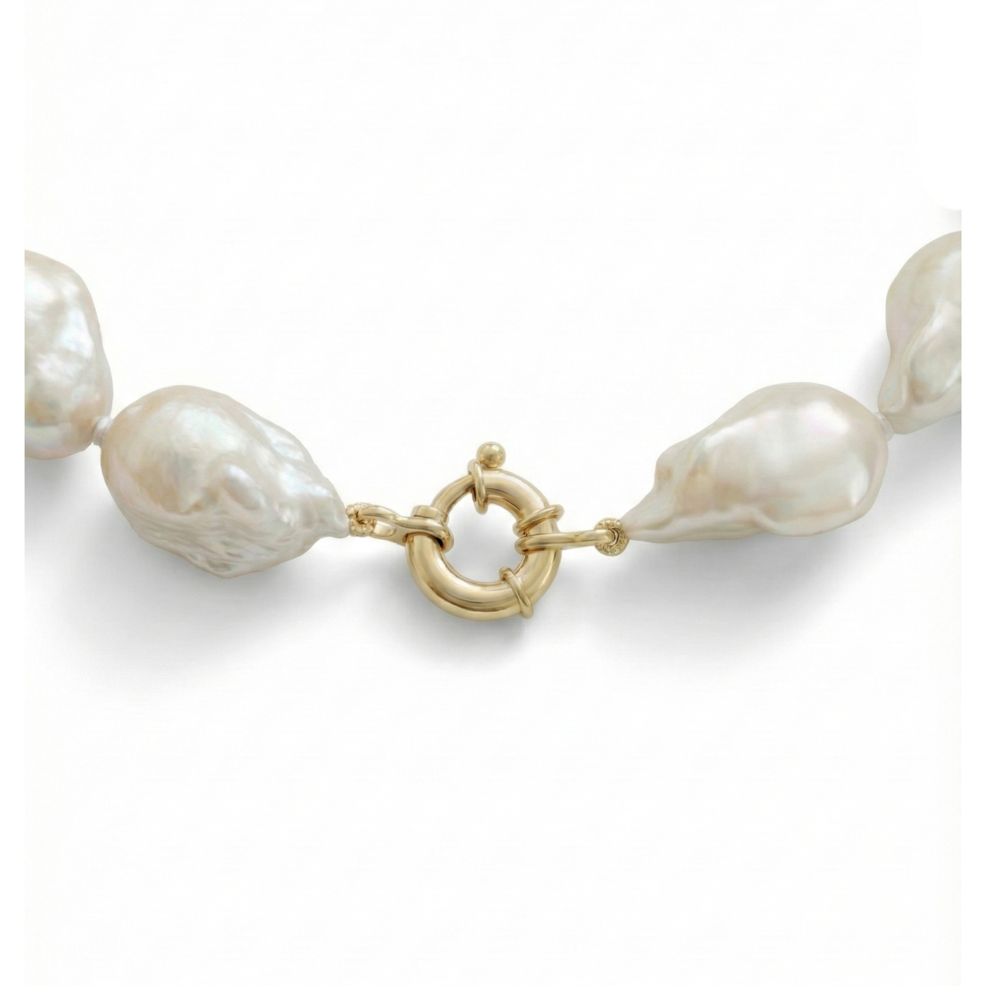 Pearl necklace with a gold clasp on a white background