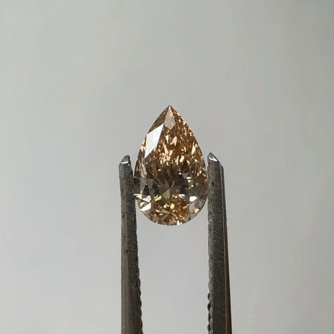 pear-shaped brown diamond held between tweezers against a gray background