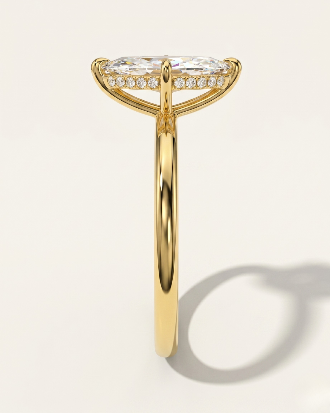 Detailed macro shot of the premium marquise brilliant centre diamond and master-crafted V-prong setting on the MOHSTEN Niseko ring.