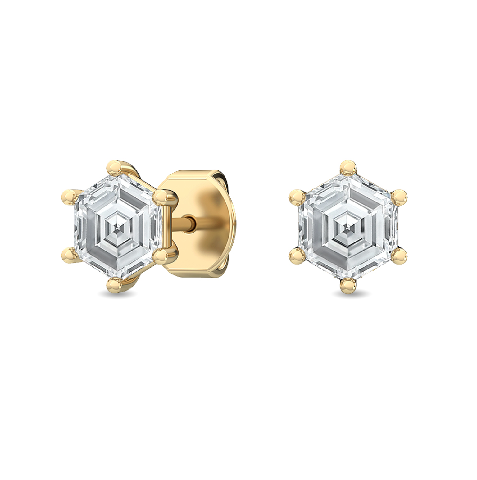 Close-up of hexagon diamond setting in polished yellow gold with butterfly back detail.

