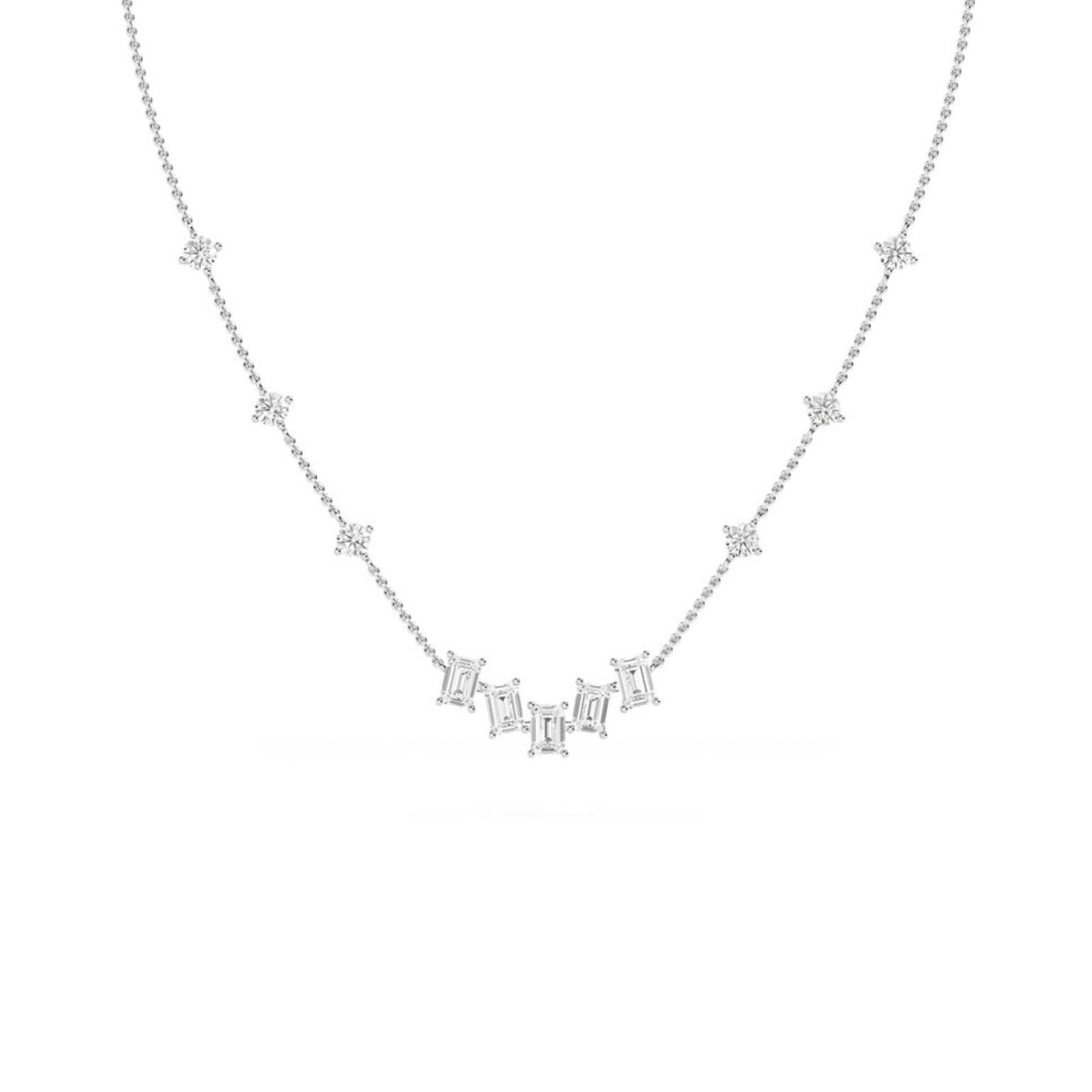 1.94 ct Emerald and Round Diamond Necklace with claw-set stones on fine 18 ct gold chain, shown on white background