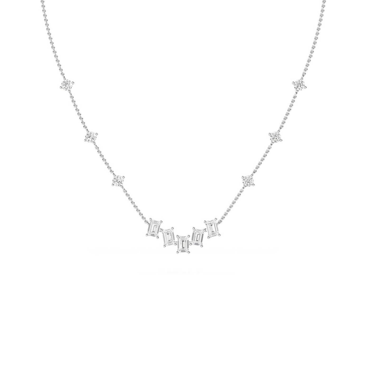1.94 ct Emerald and Round Diamond Necklace with claw-set stones on fine 18 ct gold chain, shown on white background