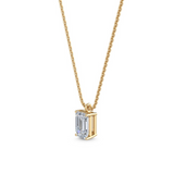 1.00 ct emerald‑cut diamond solitaire pendant in four‑prong basket on an 18 ct gold angled view