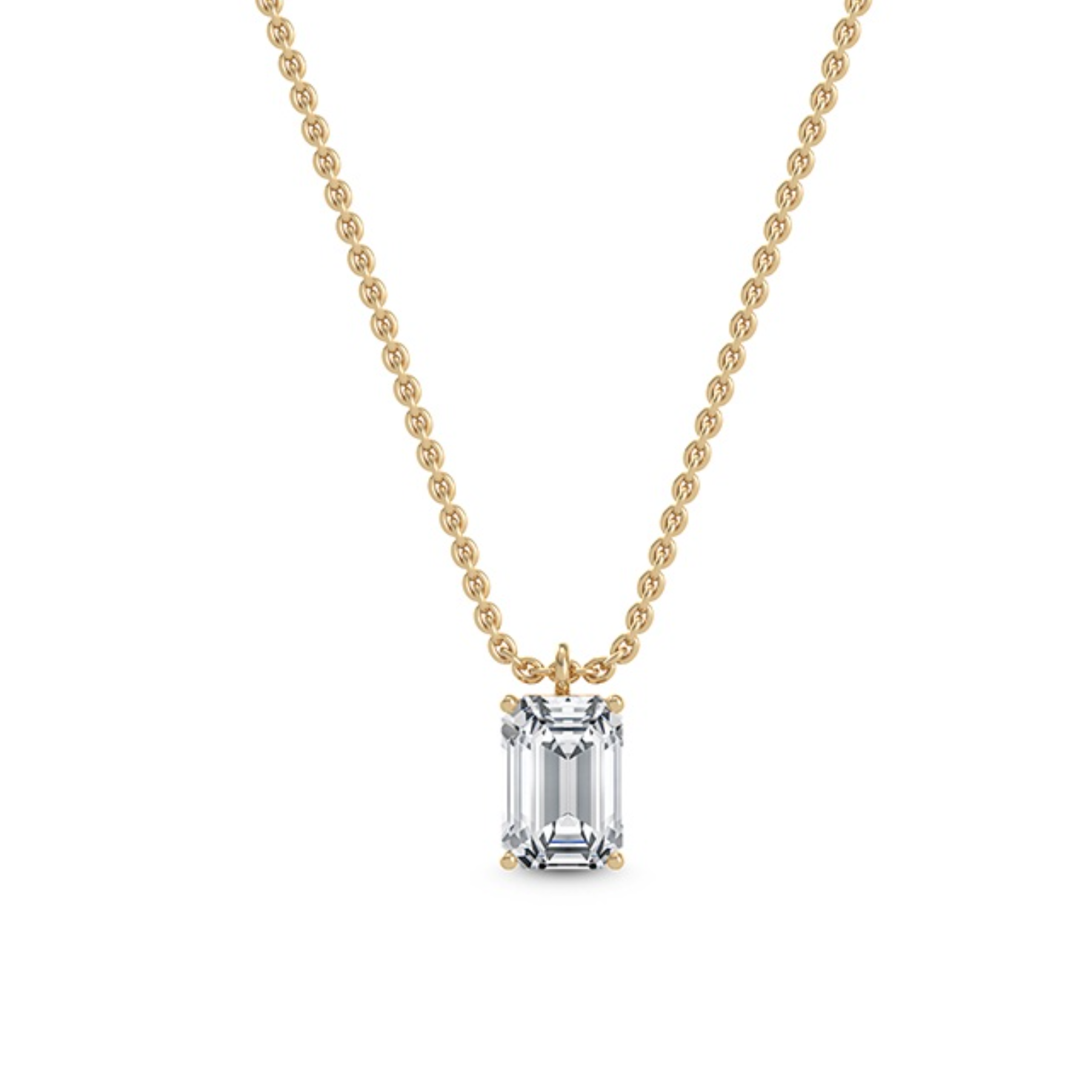 1.00 ct emerald‑cut diamond solitaire pendant in four‑prong basket on an 18 ct gold chain against a white background
