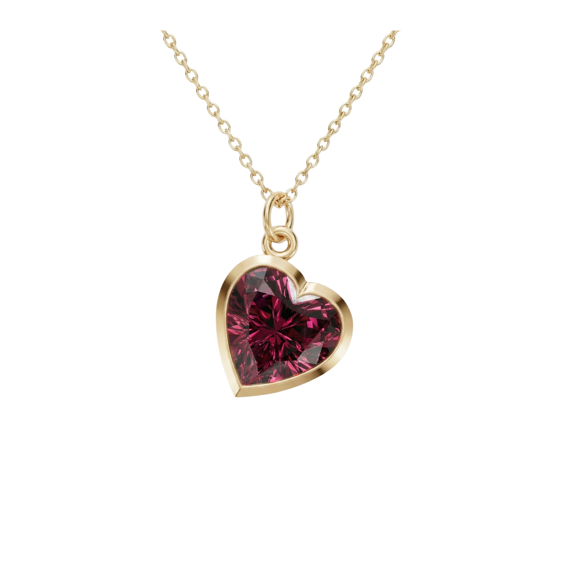 Gold necklace with a red heart-shaped pendant on a white background