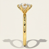 MOHSTEN Jaipur round diamond solitaire engagement ring in 18ct yellow gold from a direct side profile view, highlighting the architectural 6-prong setting and the elegant shadow cast on a warm studio background.
