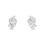 ront view of Melissani Pear Cut Duo Stud Earrings in 18ct white gold, showing asymmetrical pear diamond pairing.