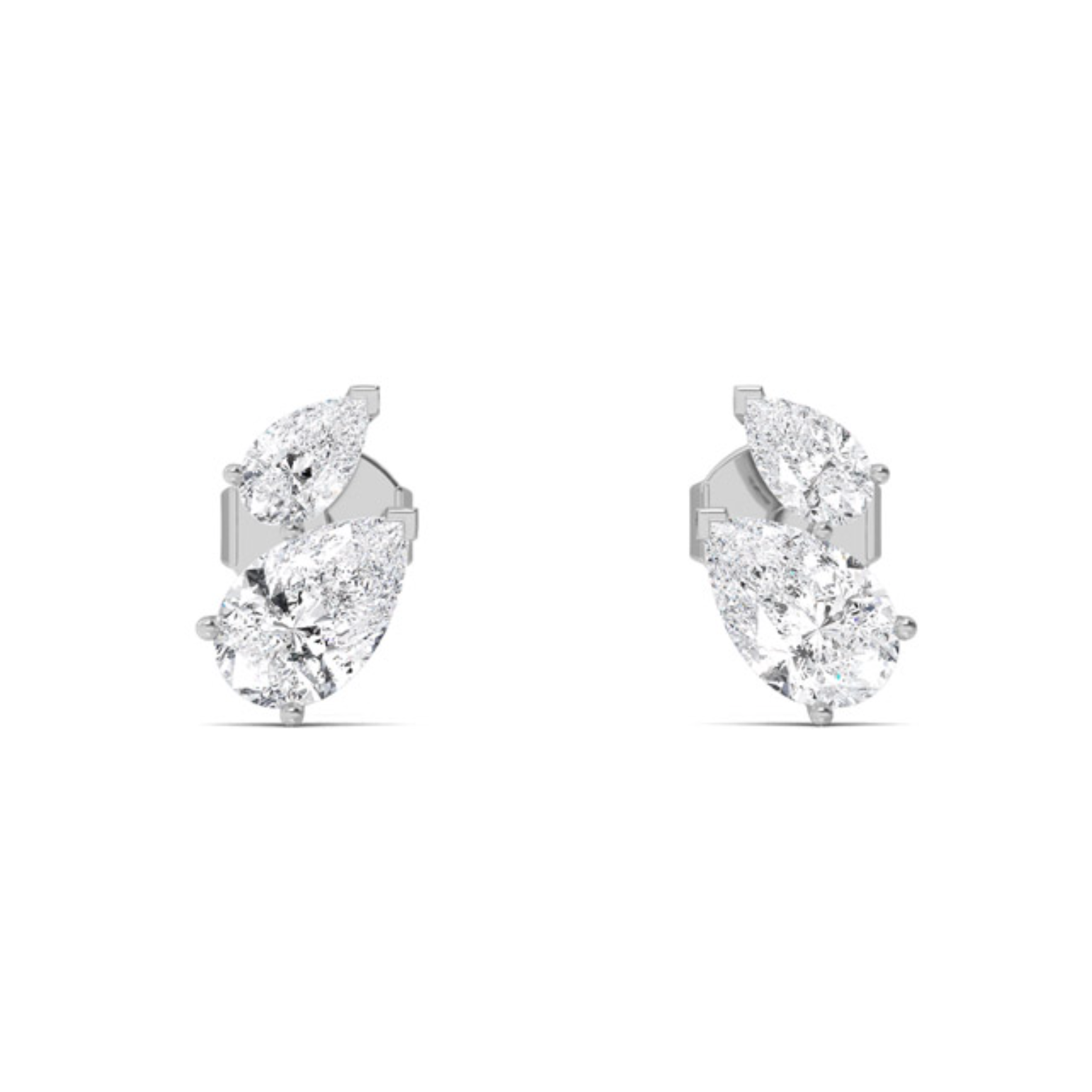 ront view of Melissani Pear Cut Duo Stud Earrings in 18ct white gold, showing asymmetrical pear diamond pairing.