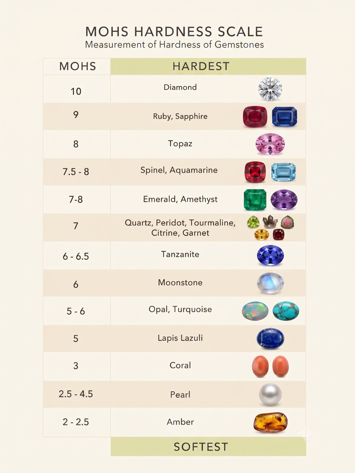 Mohs Hardness Scale chart showing gemstones and their hardness levels by MOHSTEN JEWELLERY
