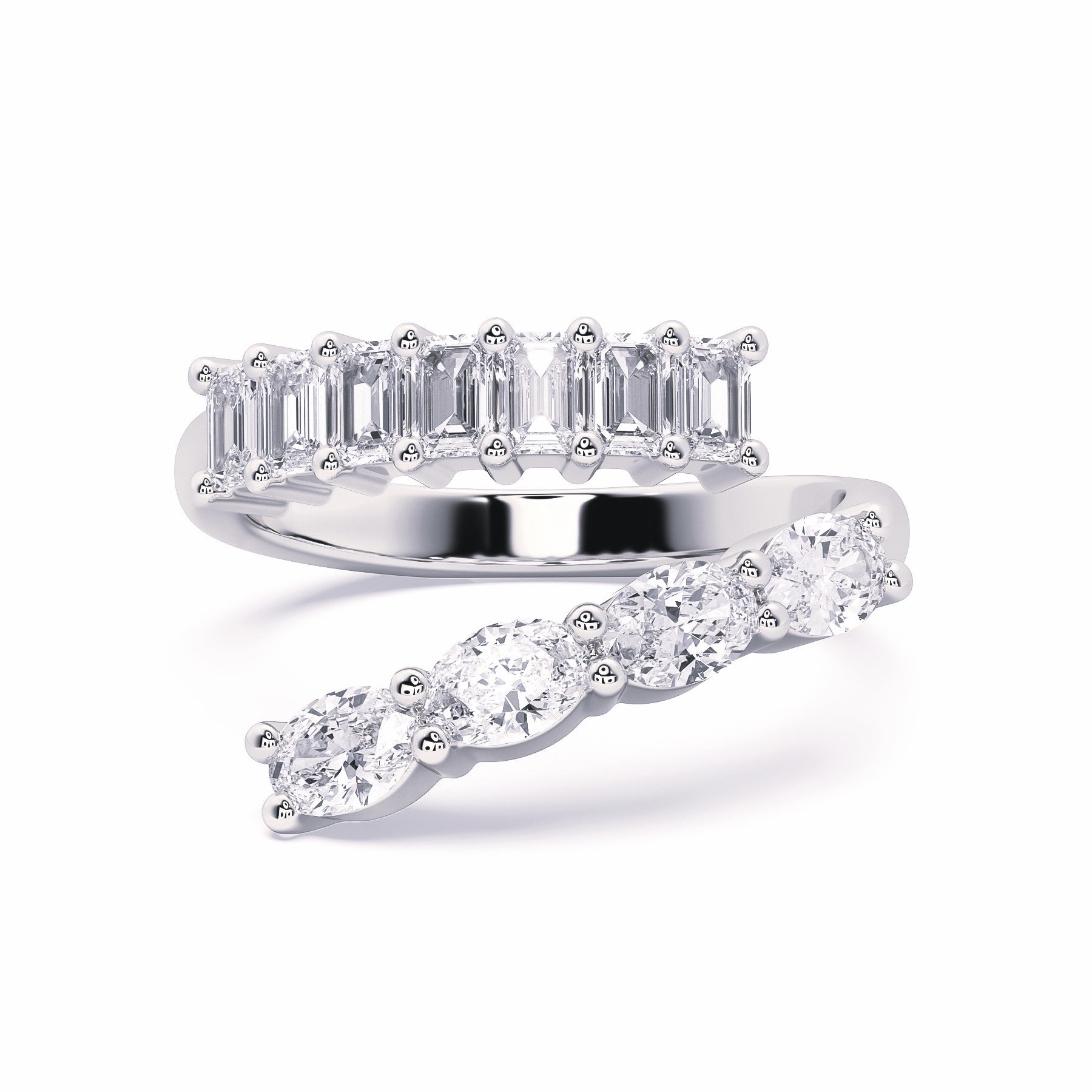 Front view of the MOHSTEN Azores Wrap ring crafted in 14ct white gold with sparkling emerald and oval cut lab-grown diamonds.