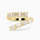 Front view of the MOHSTEN Azores Wrap ring in 14ct yellow gold, featuring a 2.00ctw wrap design of oval and emerald cut lab-grown diamonds.