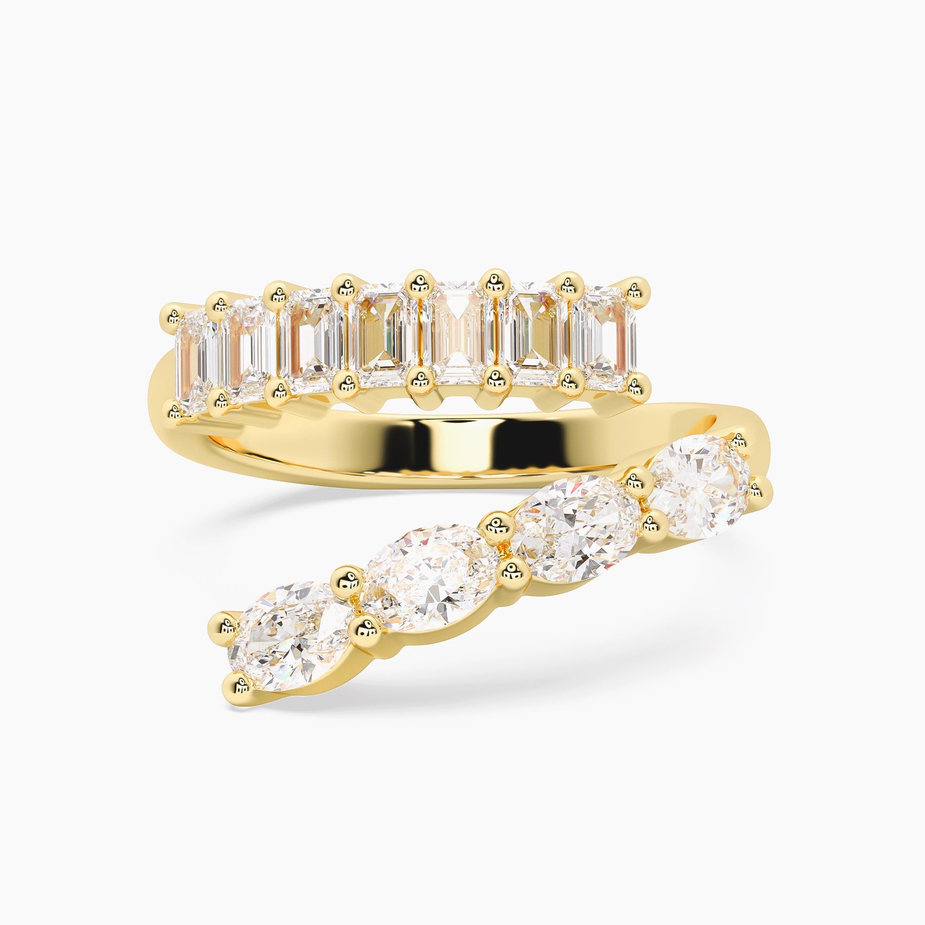 Front view of the MOHSTEN Azores Wrap ring in 14ct yellow gold, featuring a 2.00ctw wrap design of oval and emerald cut lab-grown diamonds.