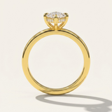 Side profile view of the MOHSTEN Niseko engagement ring highlighting the signature minimalist 4-prong basket and brilliant hidden diamond halo.