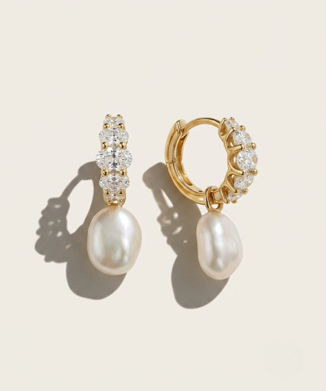 MOHSTEN oval diamond and 18ct yellow gold huggies with removerable pearl