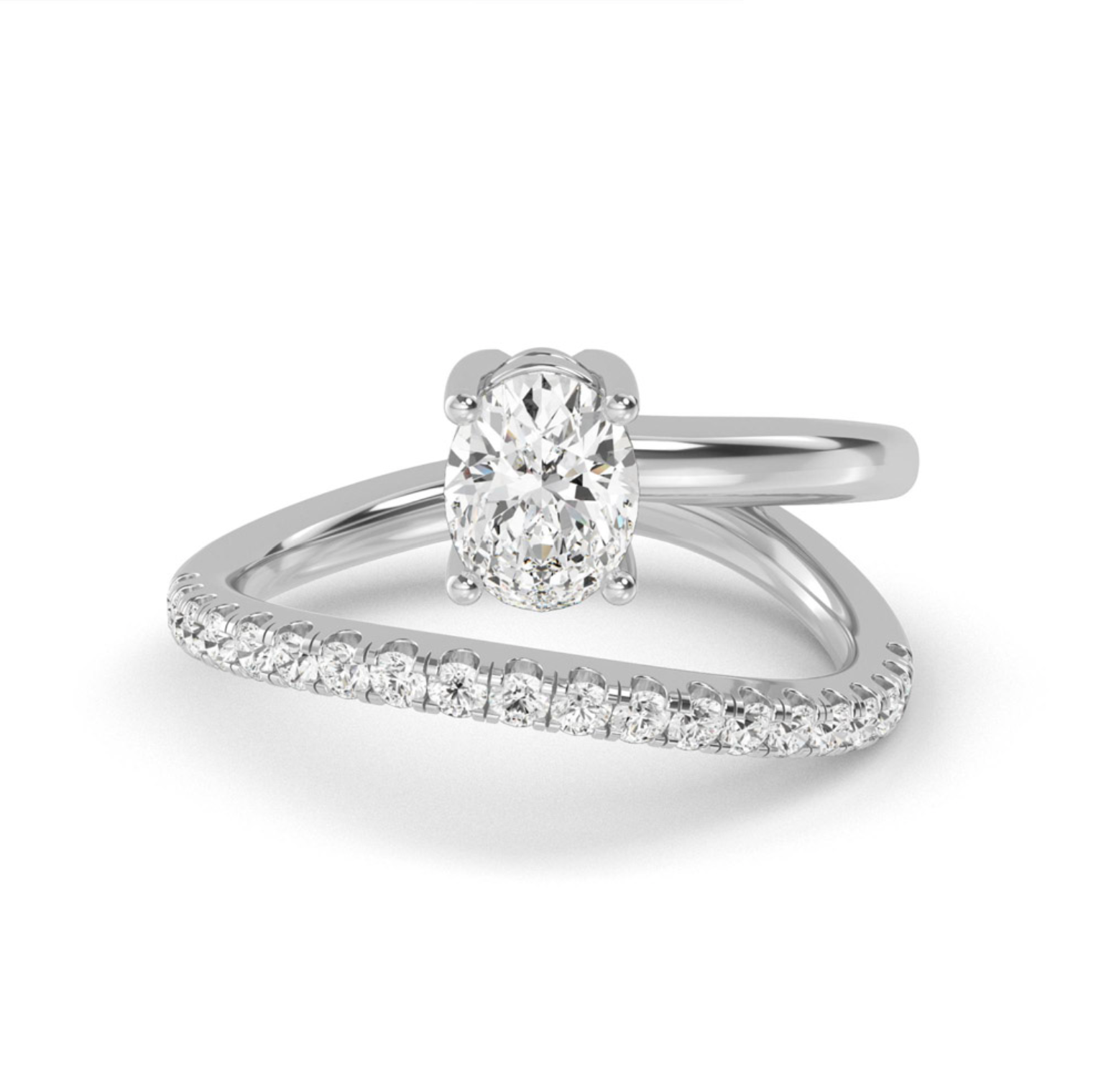 white gold Sargasso wrap ring featuring a 0.70 carat oval lab-grown diamond and an asymmetrical, sweeping diamond-set band.