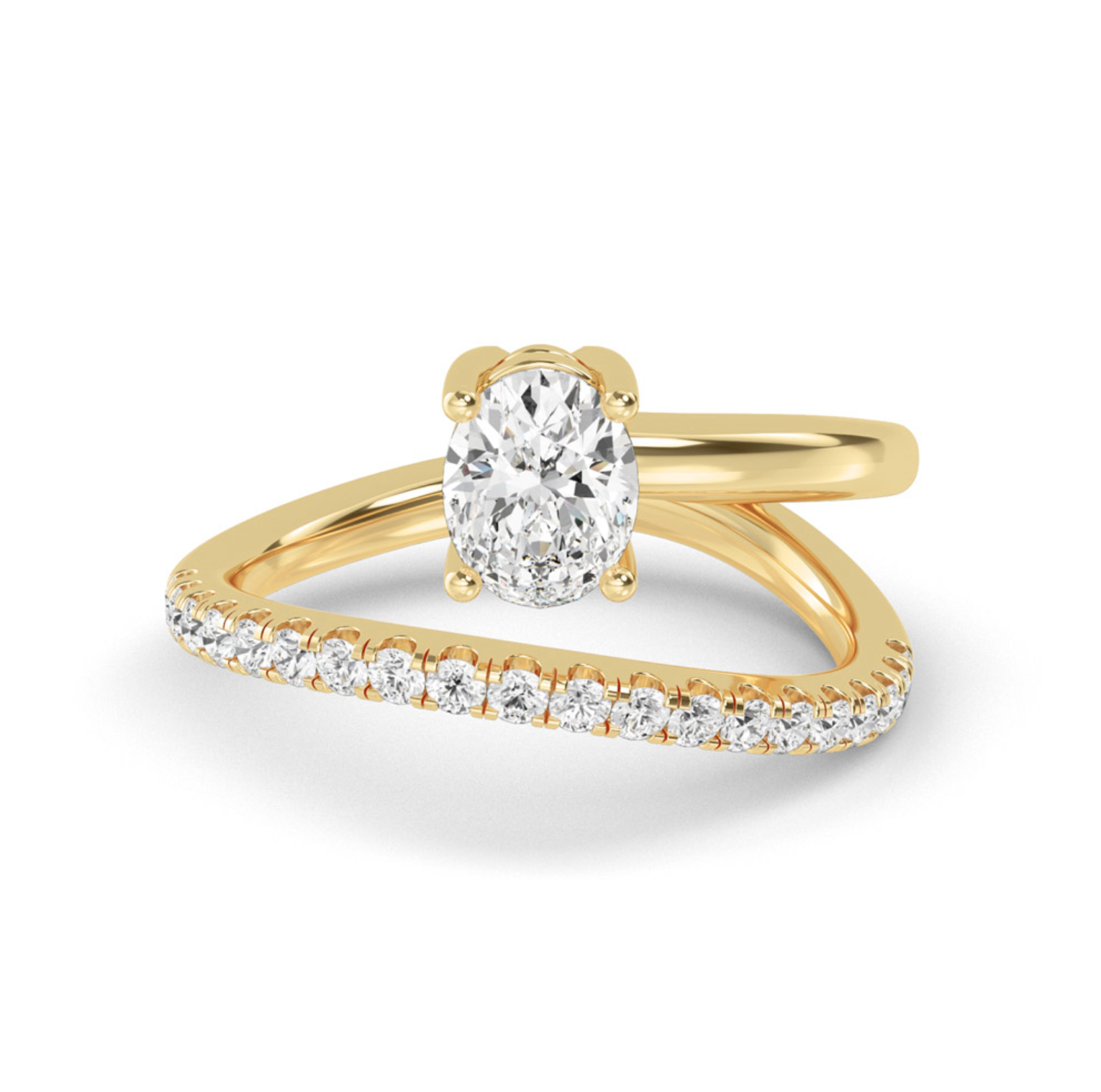 A gold band ring with a central oval-shaped lab-grown diamond and smaller diamonds set around the band.