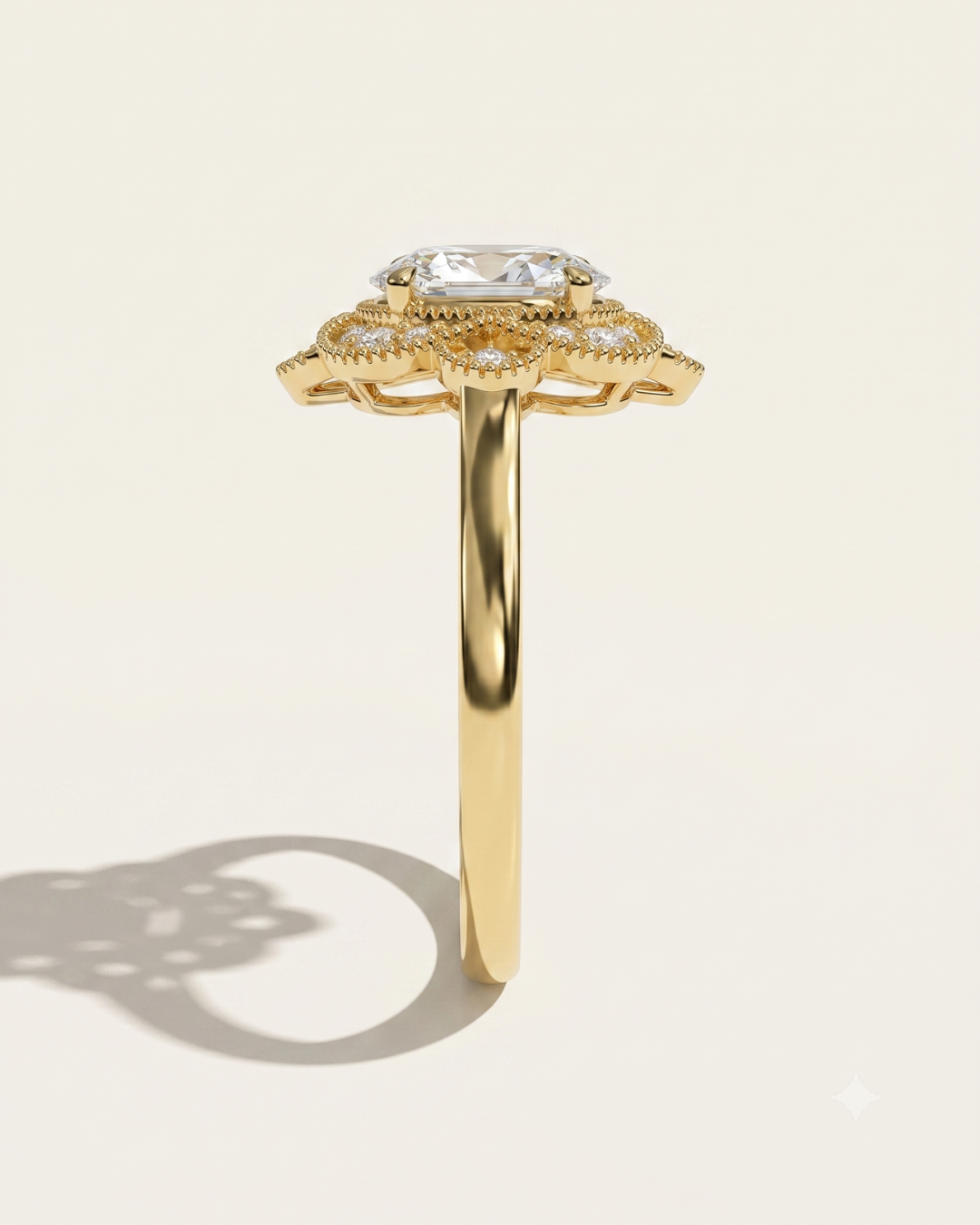 MOHSTEN The Capri vintage scalloped milgrain halo oval engagement ring side profile in 18ct yellow gold.