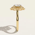 MOHSTEN The Capri vintage scalloped milgrain halo oval engagement ring side profile in 18ct yellow gold.