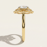 MOHSTEN The Capri vintage scalloped milgrain halo oval engagement ring side profile in 18ct yellow gold.
